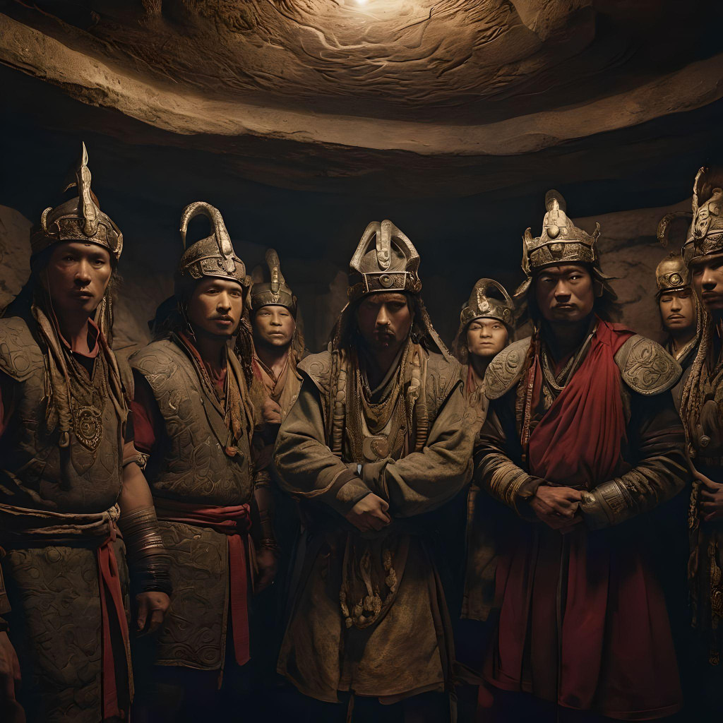 A group of men in viking garb and helmets.