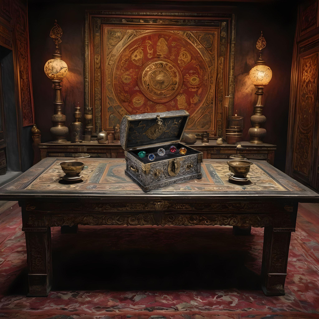 A table with a box of cards on it