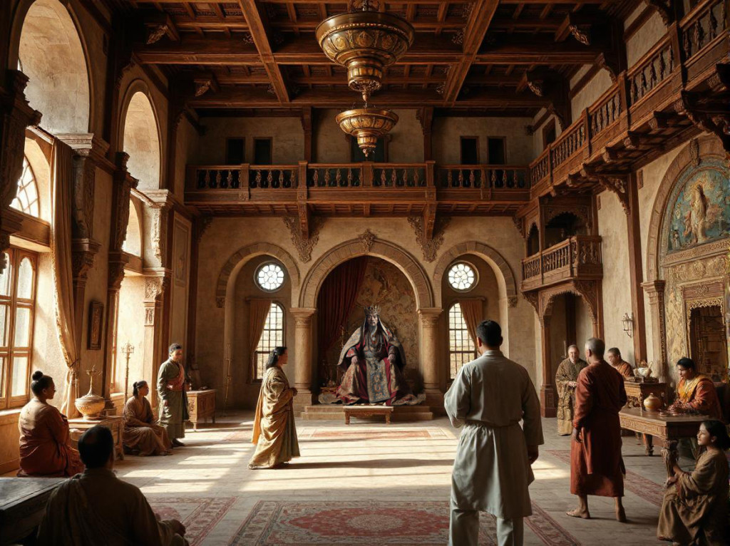 A group of people standing in an old building.