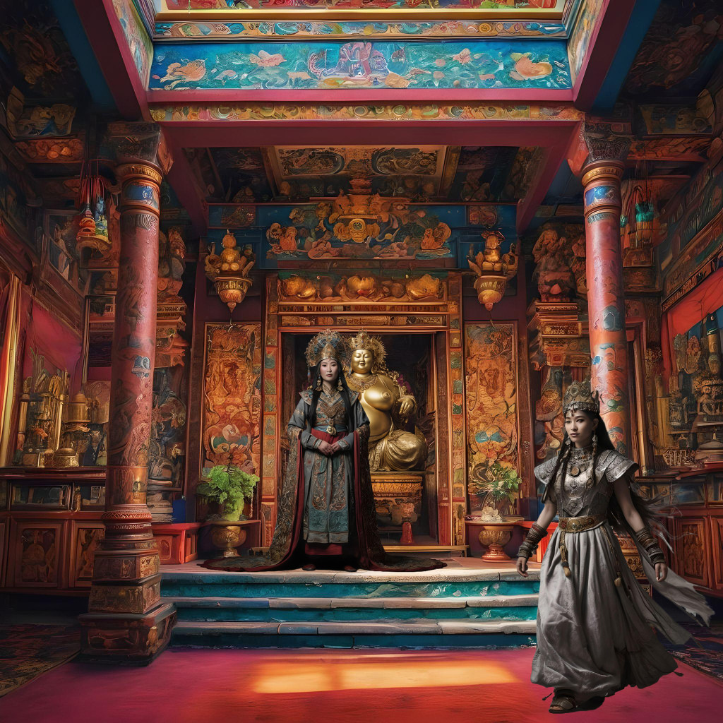 A painting of a woman in front of a statue.