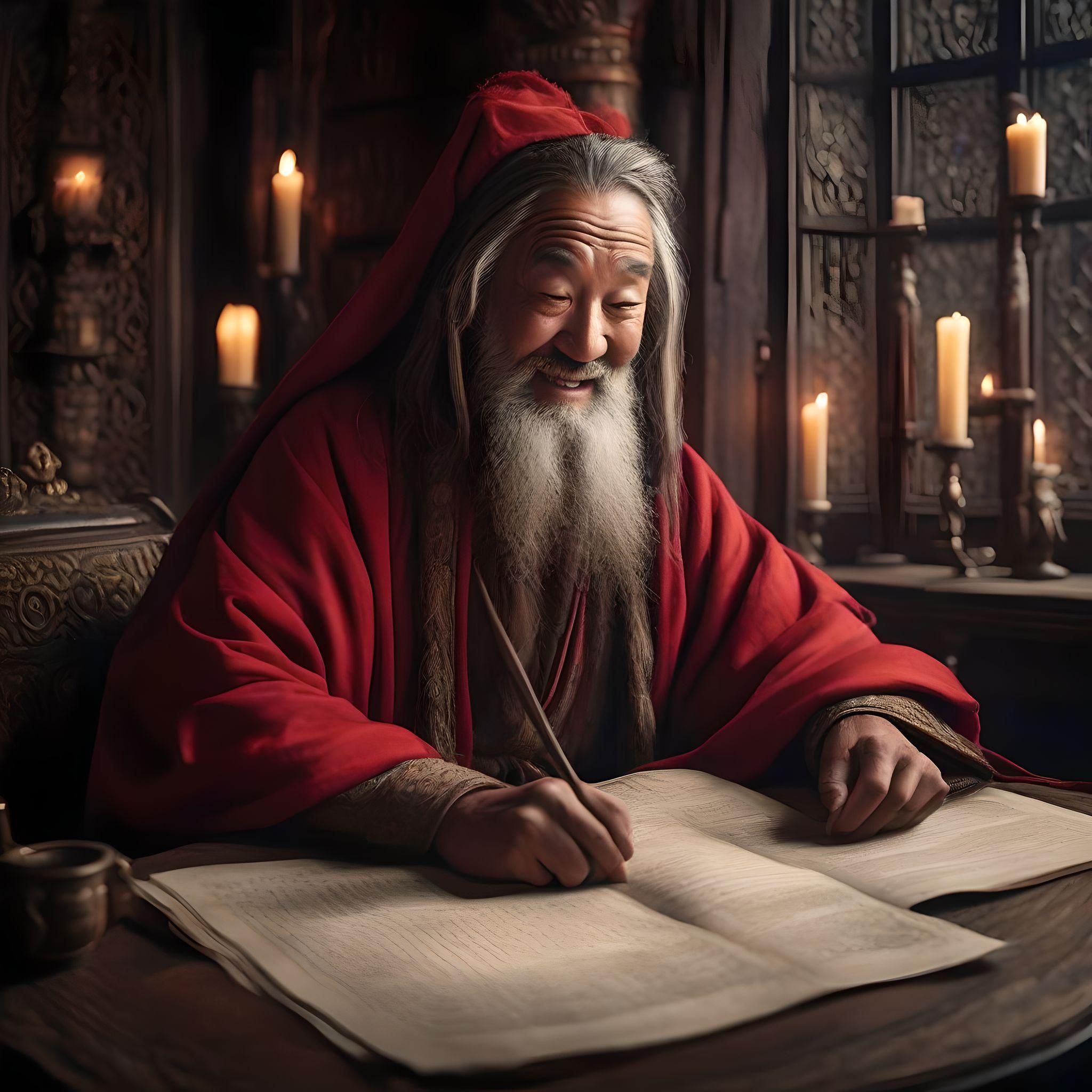 A man in red robe writing on paper.