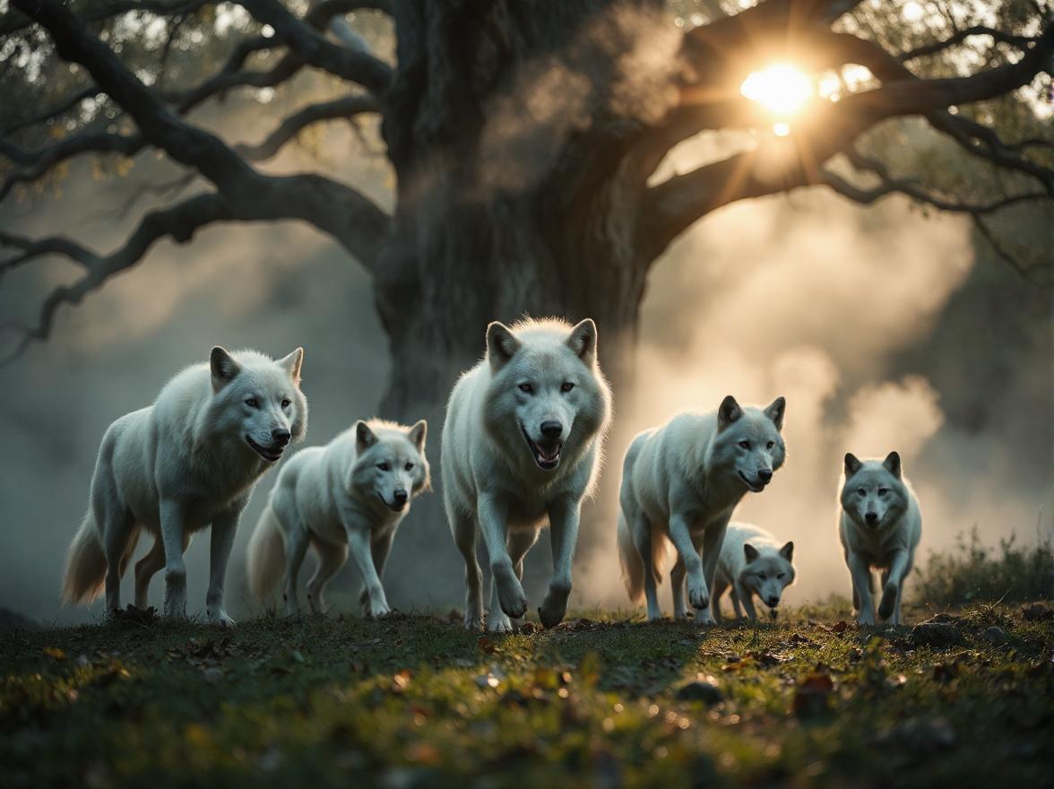 fotor-ai-20241201141054 A group of white wolves walking in front of a tree.