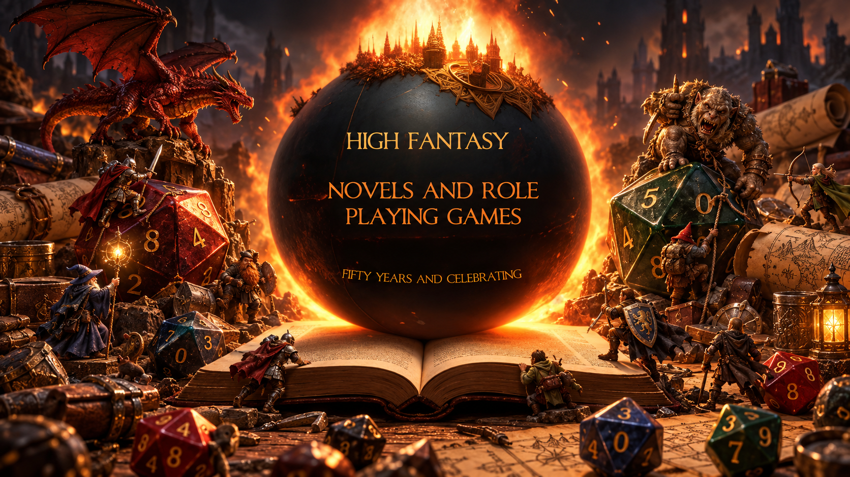Miniature Heroes Climb a Fiery Fantasy Globe World of High Fantasy - Fifty Years and Counting